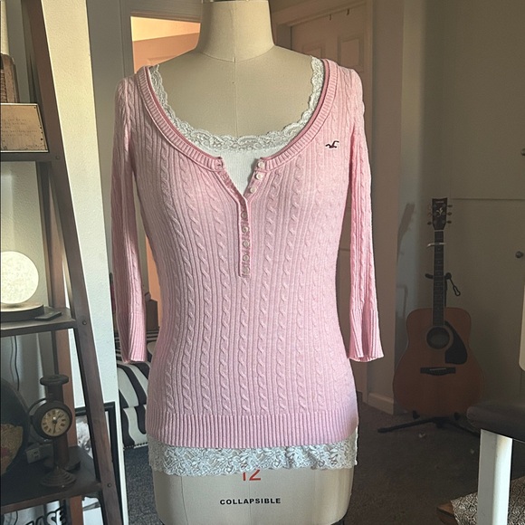 Rare Hollister Y2K vintage pink cable knit 3/4 sleeve Henley top - Picture 6 of 12